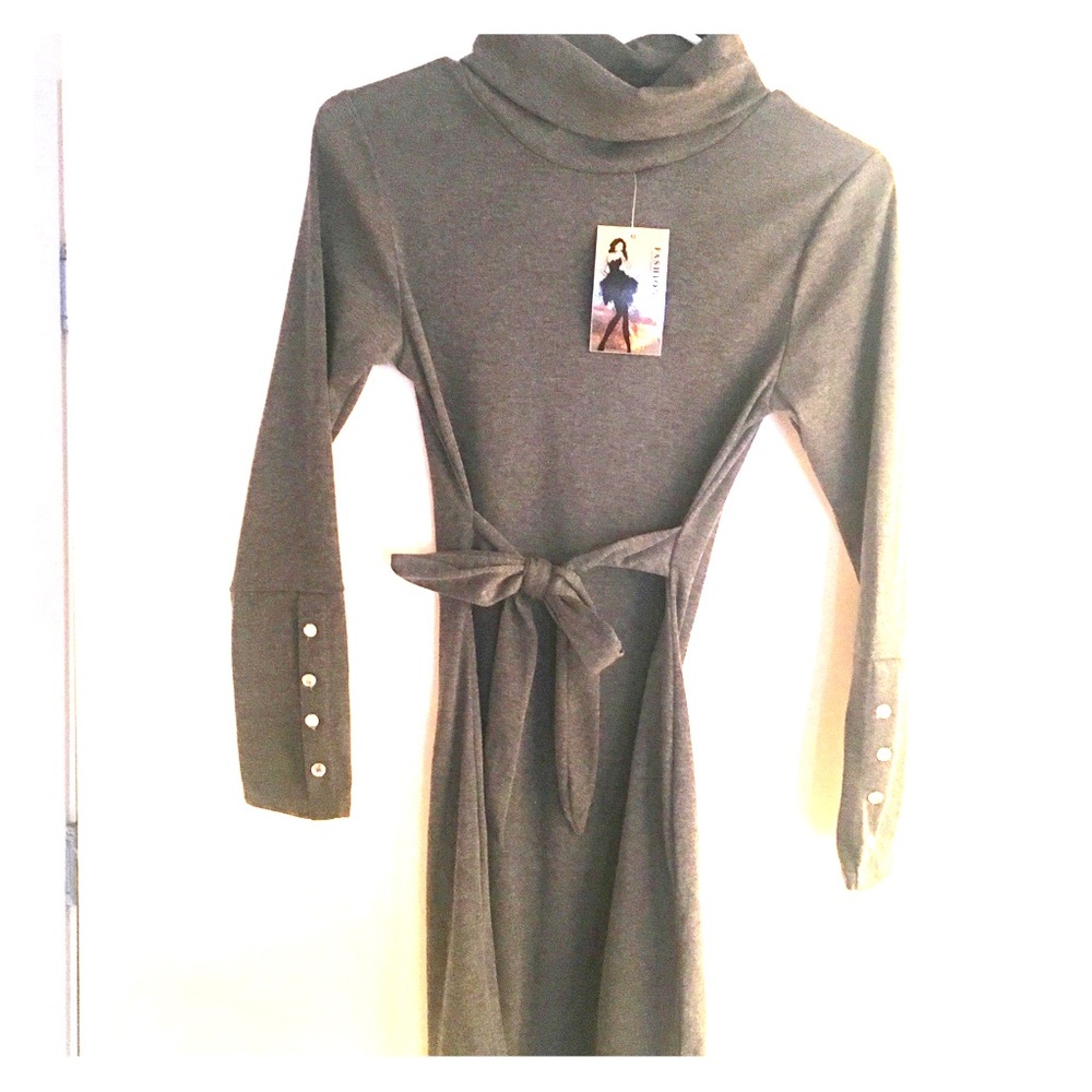 Cuffed neck, mid forearm gray dress with diamonds